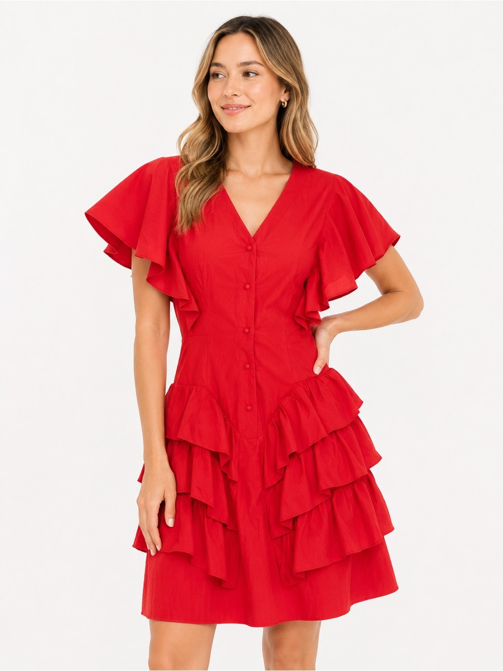 Women's Red V-Neck Ruffle Tiered Mini Dress